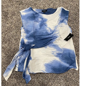 Alfani Sz Small Women's Blouse Blue Watercolor Wash Side Tie Sleeveless NWT R7